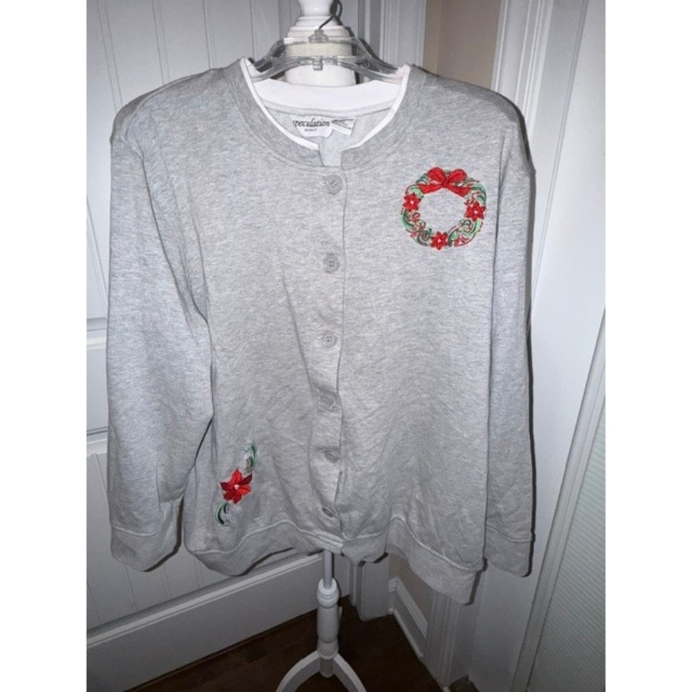 Speculation Woman Christmas Cardigan Sweatshirt Gray Embroidered Wreath 2X